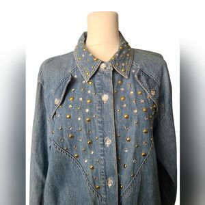 M.E.Z.A. Vintage Women’s Denim Shirt Rhinestones Gold Buttons Size L 90s Fashion
